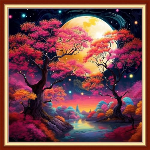 Image of Disxvivy Cross Stitch Stamped Full Embroidery Kits DIY 11CT Cotton Thread Printed DIY Needlepoint Kits Craft Needlework Set Cross-Stitch Stamped Sets-Colorful Moonlit Night 18x18 inch