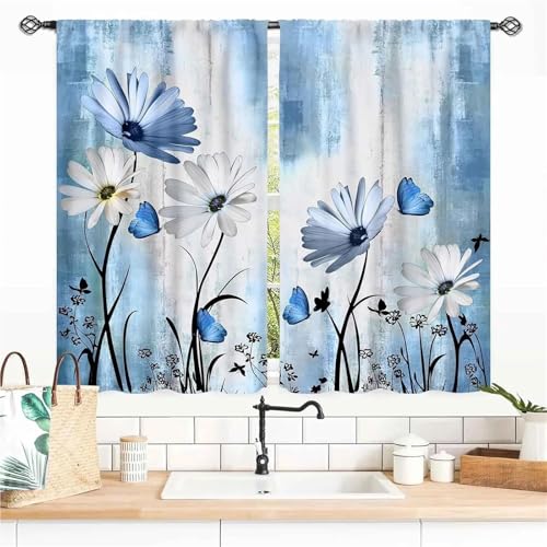 Rideau champêtre moderne à fleurs rétro et papillons 160cm