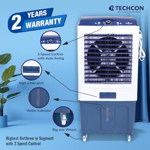 Image of TTS 95 Air Cooler for Home & Office | 90L Large Water Tank | 16-Inch Plastic Fan Blade | 3-Side Honeycomb Cooling | Auto Swing | Ice Chamber | High-Performance Aluminium Motor | Blue & White