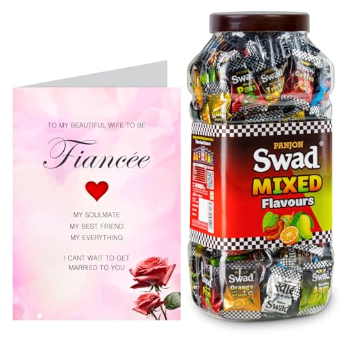 Image of Swad Gift for Fiancee female /Wife to be with Card (Swad Mixed Flavours Candy 200 Jar & 1 Greeting card) 2 units