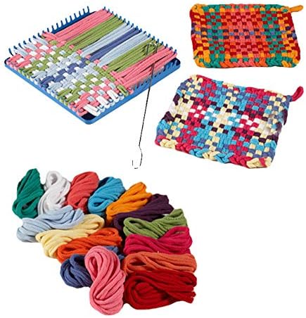 HearthSong Hook and Loop Potholder Set with Loom, Weaving Hook, and 115 Cotton Loops (Makes Three Potholders)