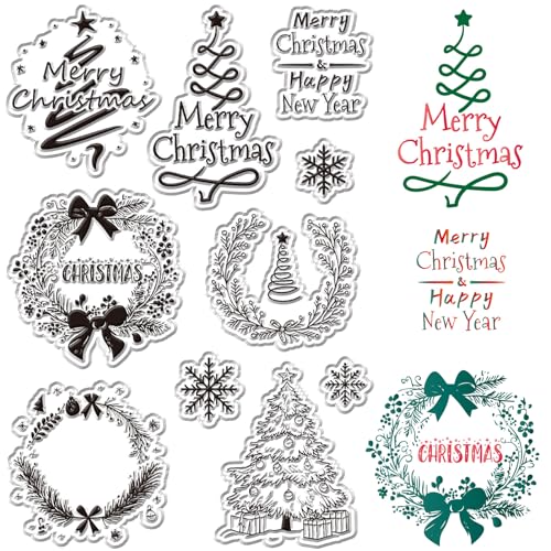 CRASPIRE Christmas Wreath Clear Rubber Stamps Christmas Trees Snowflake Reusable Transparent Silicone Stamp Seals for Xmas Winter Journaling Card Making Decor DIY Craft Scrapbooking Photo Album