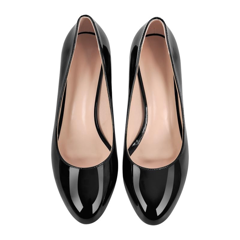 Damen Pumps Blockabsatz Klassische Damenschuhe | Runde Schlupfschuhe mit Geschlossener Zehenpartie, Chunky Heels Slip on, Lackoptik, für Büro Business, Hochzeit, Alltag