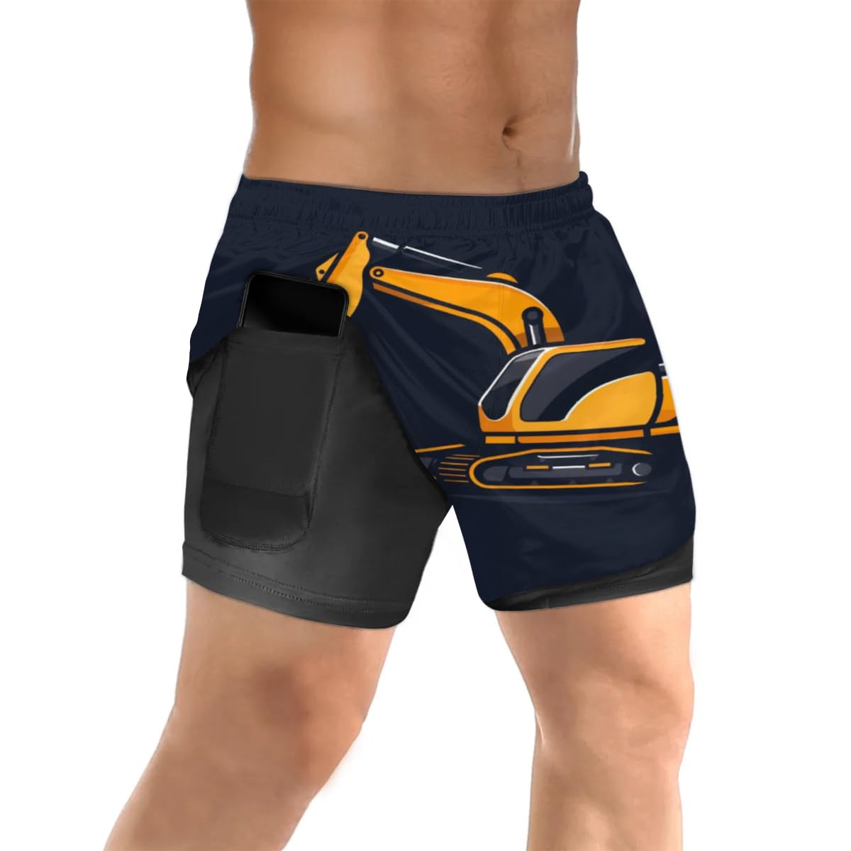 Mens 2 in 1 Running Short Excavator Print Gym Athletic Sport Shorts for Men with Liner Phone Pockets
