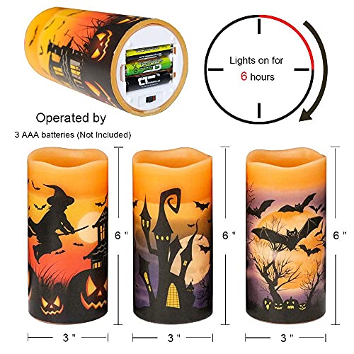 DRomance Halloween LED Flameless Pillar Candles Battery Operated with 6 Hour Timer Set of 3 Orange Wax Warm Light Flickering Witch Bats Castle Spooky Decals Halloween Decor Gifts(3 x 6 Inch) by DRomance - Image 6