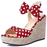 KISSASA Womens Polka Dot High Heels with Bow Espadrille Wedge Peep Toe Satin Sandals Red Size 8,