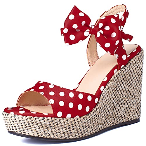 KISSASA Womens Polka Dot High Heels with Bow Espadrille Wedge Peep Toe Satin Sandals