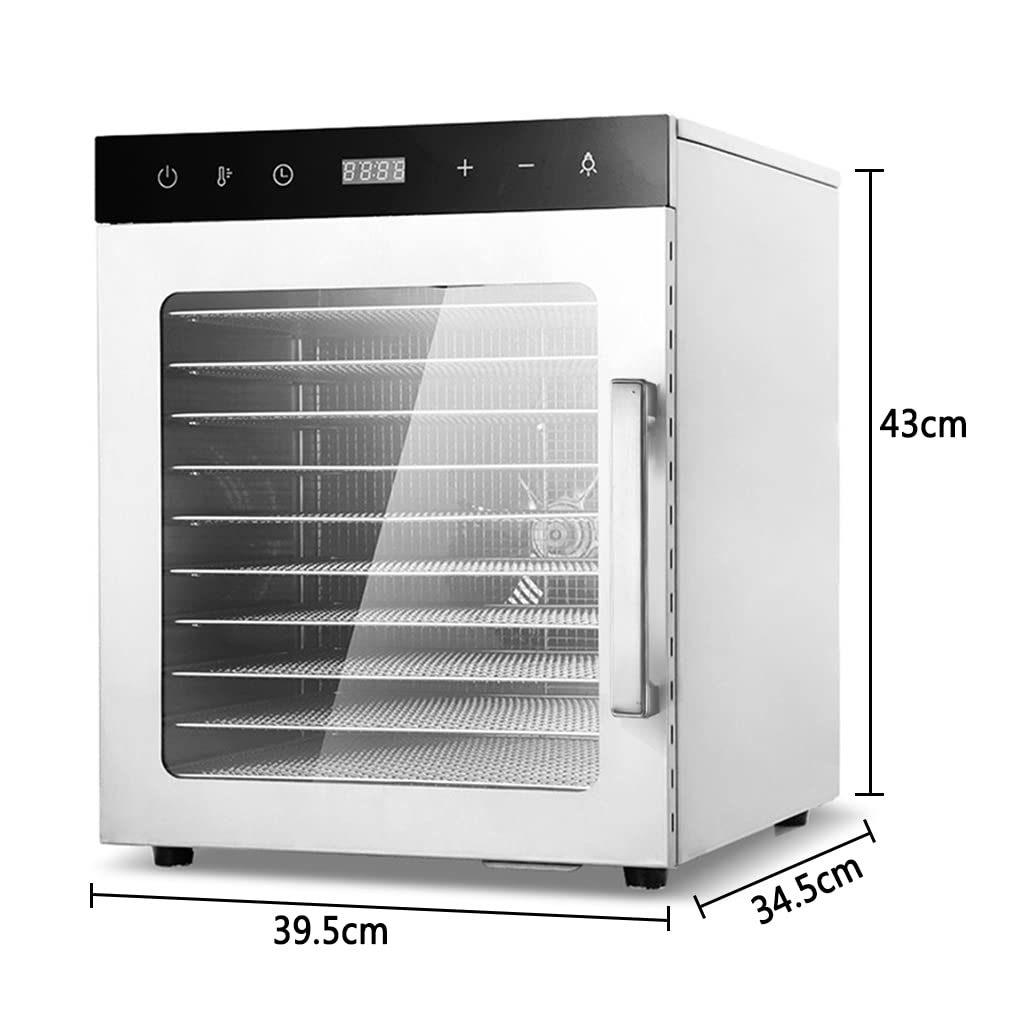 Secadora de alimentos comercial con bandejas de acero inoxidable - 10 bandejas, temporizador ajustable y control de temperatura - para secar frutas, carnes y verduras - visible