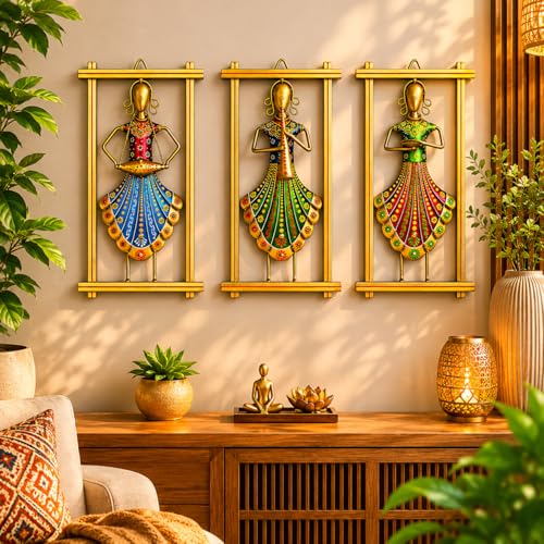 Image of iHandikart Handmade Metal Wall Art Set of 3 for Home Decor | Traditional Rajasthani Lady Musician & Folk Art Wall Hanging | Hand-Painted Iron Wall Art | Living Room & Bedroom Decor | 13 x 7 Inch Each