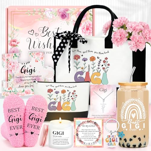 Image of Gigi Gifts for Grandma Best Gigi Ever Gifts for Gigis Birthday Gift Set for Women from Grandkids Personalized Gigis Gift Ideas for Mothers Day Christmas Happy Birthday with 16oz Glass Cup, Canvas Bag
