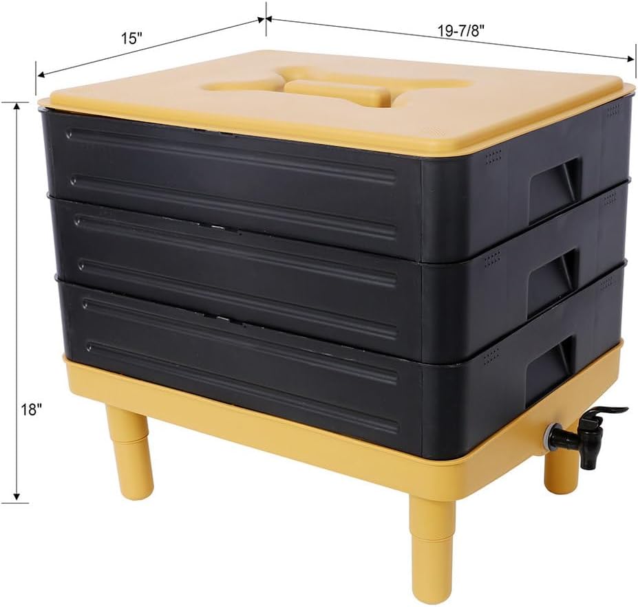 3-Tray Worm Compost Bin, 65L Stackable Worm Composter with Built-in Faucet, Indoor & Outdoor Composting System for Recycling Food & Garden Waste