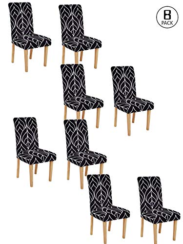 Image of Cortina Chair Slipcover | Removable Protection Chair Cover | Leaf Print Universal Fit Super Soft Stretchy Polyester Spandex | Wedding, Hotel, Party | Pack of 8, Black 2