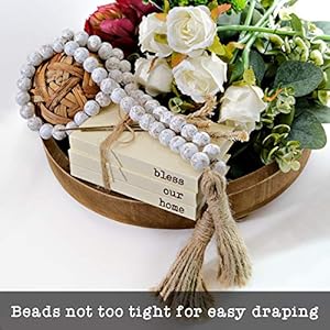 Farmhouse wood bead garland home decor natural wooden garland for tiered tray decorative tassel garland for tier tray rustic beads centerpiece boho table decor garland beaded accent white washed  urban country home decor