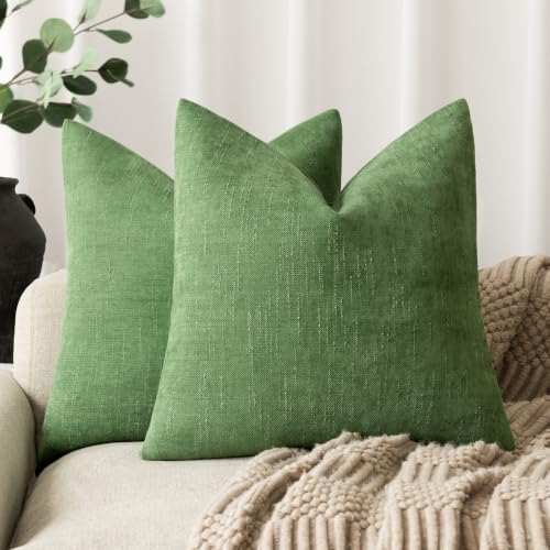 Image of Foindtower Pack of 2 Soft Textured Chenille Throw Decorative Pillow Covers Square Accent Solid Cushion Cover Cozy Neutral Farmhouse Pillow Case for Couch Sofa Bed Living Room 24x24 Inch,Forest Green