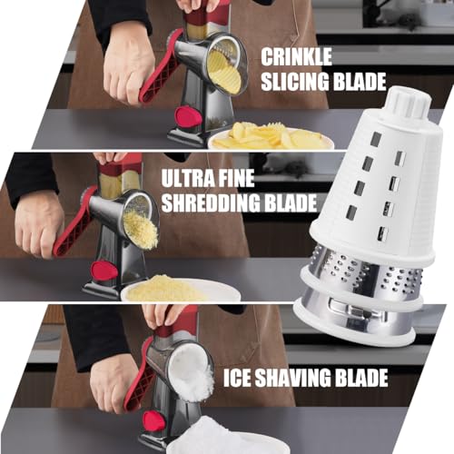 Image of KEOUKE Rotary Cheese Grater Pro 6 in 1 - Shredder Crinkle Slicer Grinder Ice Shaver, Stable Suction, Time-saving Easy Use & Clean, Safe Morden Kitchen Tool for Cheese, Vegetable, Nuts, Chocolate