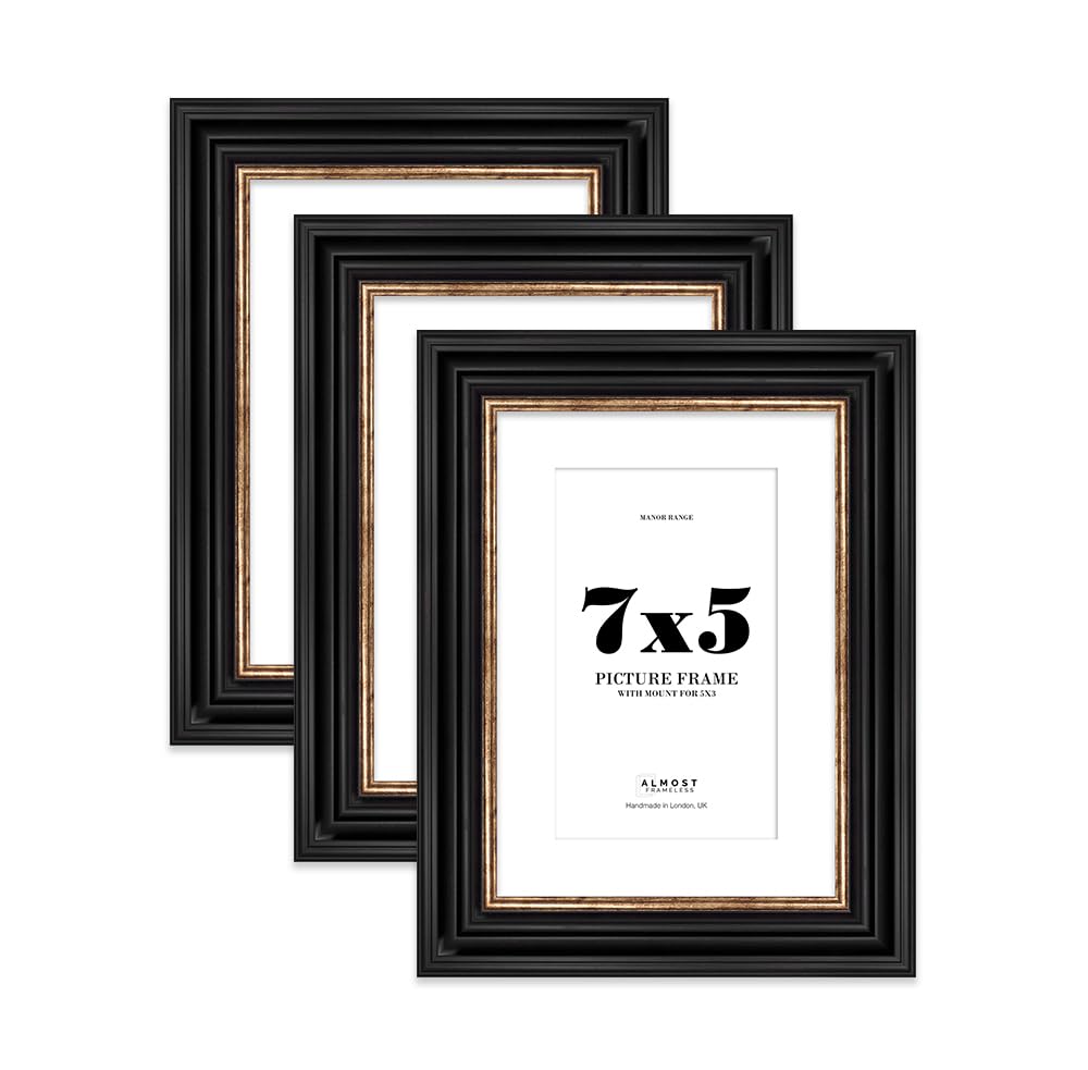 7x5 Black and Gold Picture Frame - 7x5 Frame with 5x3 Mount for 7x5/5x3 Pictures Vintage Style Antique-Inspired Home Accessories, 3 Pack