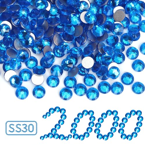 Image of 2000PCS Capri Blue Rhinestones Bulk, Flat Back Crystal Glass Stone Round Gems,SS30, 6.4-6.6mm