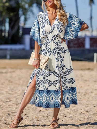 Image of CUPSHE Women's Summer Boho Maxi Dress Paisley Floral V Neck Smocked Dress Beach Vacation Slit Hem Flowy Dress with Pockets