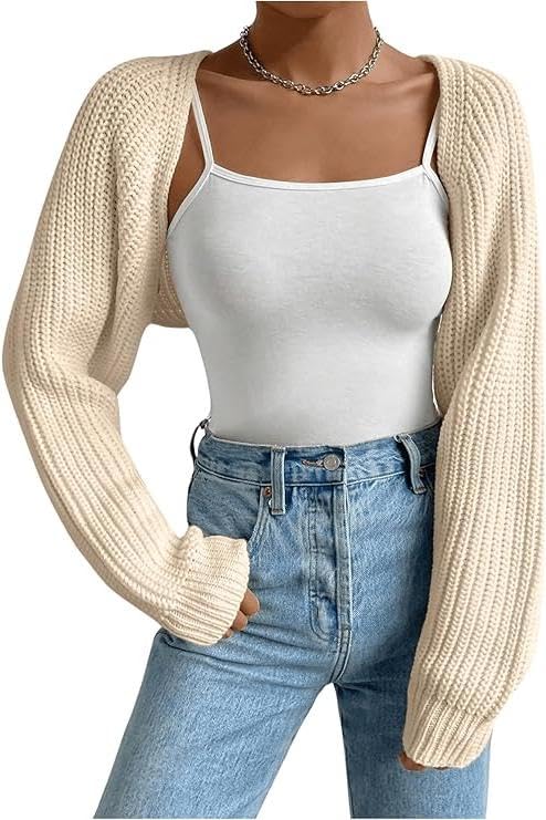 Image of RoseSeek Women's Cropped Cardigan Sweaters Long Sleeve Open Front Bolero Shrugs Casual Knit Tops Apricot Plain Large