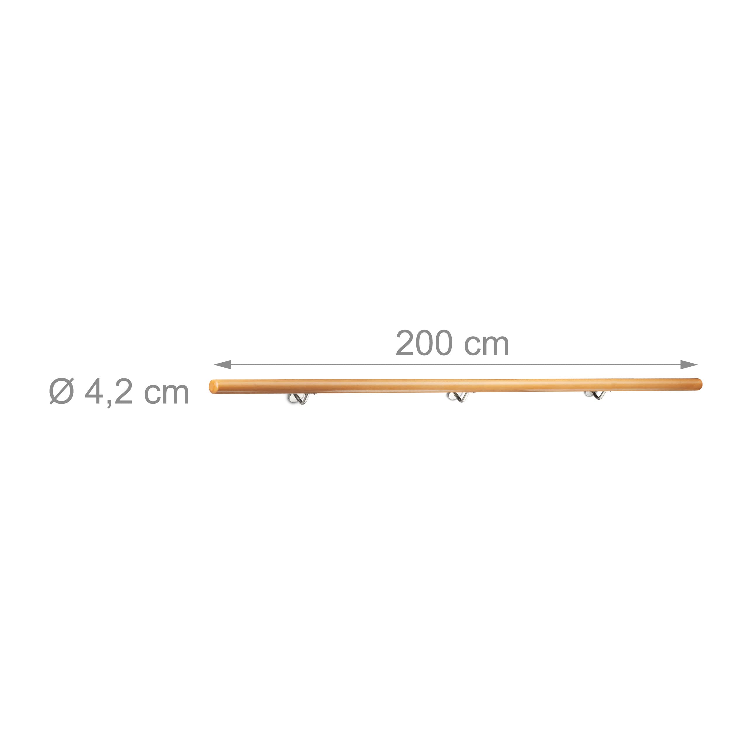 Relaxdays Handlauf Holz, Buche, 2000 mm/200 cm/2 m, Wandhalterung, mit Dübeln, rustikal 42 mm Durchmesser, natürlich