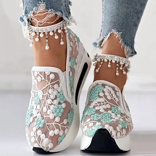 Wedge Floral Shoes Mesh Fashion Sneakers for Women Slip On Breathable Walking Shoes Women's Casual Embroidery Platform Sneakers Comfort Work Shoes High Heels Outdoor Travel Sports Shoes2