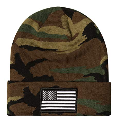 Mirmaru Men’s Us American Flag Embroidered Folded Cuff Skull Beanie Cap – Comfortable Stretchy Warm And Cozy Winter Hat (Woodland Camo) #TOP1