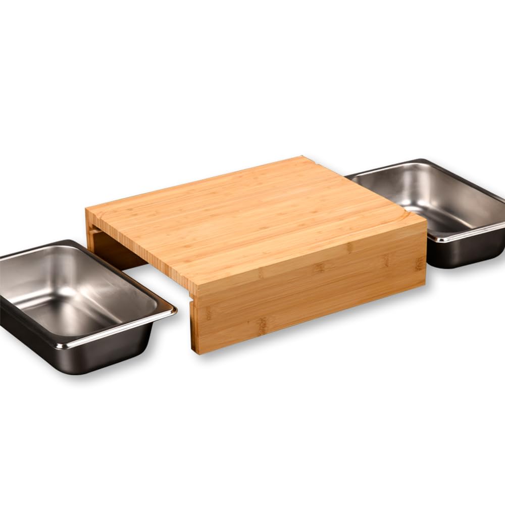 Kesper | Planche à découper avec 2 bols en acier inoxydable | Bambou FSC Bac récupérateur Norme Gastro 1/4, 35 x 29 x 9,5 cm, planche de cuisine durable | 58355