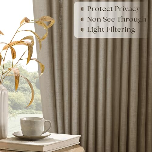 Image of Pinch Pleated Linen Extra Wide 100 Inch Wide 108 Inch Curtains Light Brown | Wide Window, Room Divider, Light Filtering, Patio Curtains, for Sliding Door, Extra Long, Balcony, Floor to Ceiling, 1 Panel