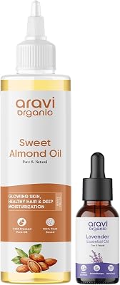 Organic Almond Oil & Lavender Essential Oil Combo – 100% Pure, Natural, Cold-Pressed Oils for Hair Care, Skin Nourishment, Relaxation & Aromatherapy