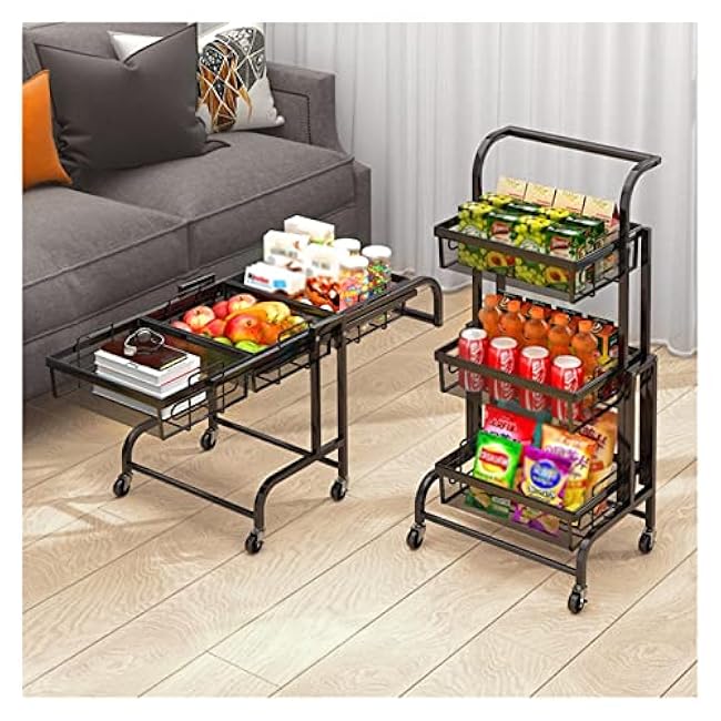 3 Tier Folding Kitchen Storage Trolley Rack with Caster Wheels Rolling Cart Metal Utility Space Saving,Home Organizer Racks,Easy Assembly for Kitchen,Bathroom,Office (Color : Blue) (Nero)-B4zc7v2B