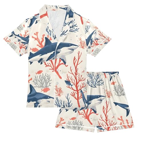 senya Shark on Coral Satin Summer Pajama Sets Silk Short Sleeve Button Down Sleepwear