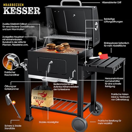 Miniatura 3 de KESSER® Parilla de Carbón con Carrito Grill con Tapa, Ruedas, Mango de Acero Inoxidable | Barbacoa y Termómetro Carbón Grande BBQ Asador Camping, Terraza, Jardín XL Negro