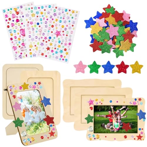 EVBOTGEE Lot de 6 cadres photo en bois à peindre - Kit de bricolage - Avec paillettes en caoutchouc mousse - Autocollants 3D - Kit de bricolage créatif pour...