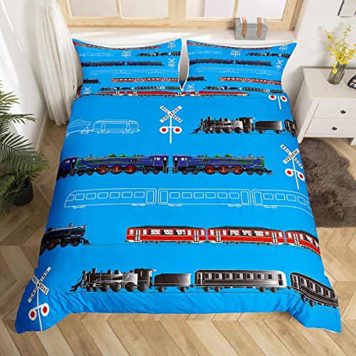 Loussiesd Train Kids Boys Duvet Cover Retro Steam Engine Toddler Bedding Set for Teens Railway Track Transport Comforter CoverRed Blue Black Quilt Cover Room 2Pcs Single Size,Zipper