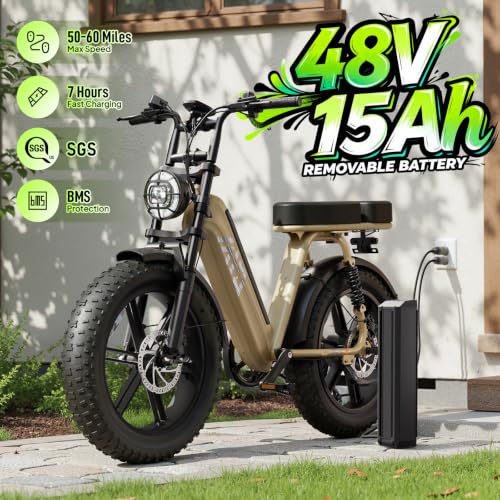 Image of TST Electric Bike for Adults, 1500W Peak Motor Ebike with 48V 15Ah Built-in Battery, 60 Miles Range 28 MPH Electric Bicycle, 20 inch Fat Tire Step-Thru E Bike with Rear Seat