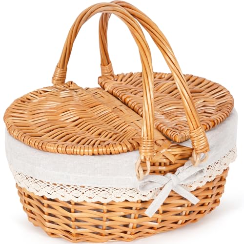 HEALSTOK Wicker Picknickkorb mit Griff, 38 cm großer leerer Picknickkorb mit Deckel und abnehmbarem Futter, Vintage Hand geflochtener Korb für Picknicks, Camping, Gemüse pflücken (fest, 31cm)