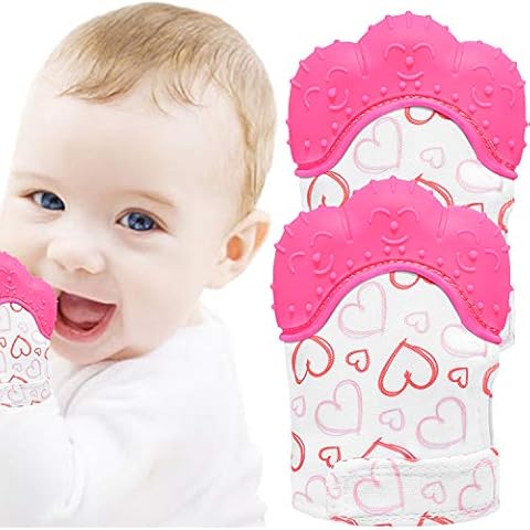 NEPAK Teething Mitten 2 Pcs-Baby Glove Stimulating Teether Toys for Boys & Girls-Teething Glove for 3-6 Months Baby (Pretty Sweet Heart,Pink) Cover