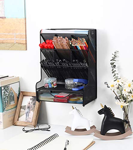 Pag Desk Organizer With Drawer Office Supplies And Accessories Storage Caddy Hanging Wall Shelf Metal Mesh Pencil Holder For Kids, 9 Compartments, Black #TOP4