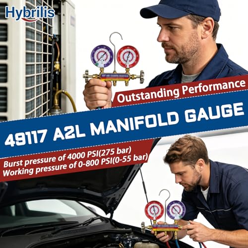 Image of Upgrade 49117 A2L Manifold Gauge - Red, 3-1 /8 inch (80 mm) Gauges, Compatible with R32, R454B, R410A Professional HVAC /R Tool, Working Pressure 0-800 PSI, Npt Thread, Color-Coded Scales