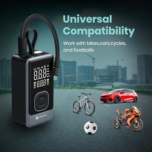 Image of Portronics Vayu 8.0, Digital Rechargeable Tyre Inflator with In-Built Hanging Support, 2x2000mAh Batteries, Auto Shut Off, LED Light, SOS, Pressure Detection, Type-C Charging, for Car /Bike /Ball(Black)