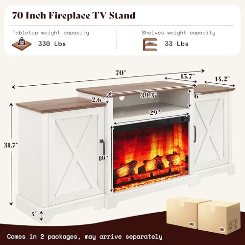 Image of AMERLIFE 70 inch Farmhouse Fireplace TV Stand with Storage for TVs up to 80 inch | Entertainment Center with 29 inch Electric Fireplace, Media Console with 2 Cabinets & Adjustable Shelf, White