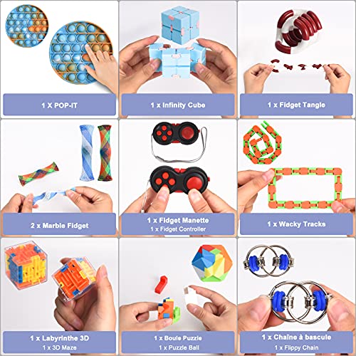 Fidget Toys Set – Anti Stress Spielzeug für Erwachsene und Kinder – French Way Skills Set zur Stressbewältigung und Konzentrationssteigerung – Enthält Pop It Stressball Fidget Cube und Akupressur Ring