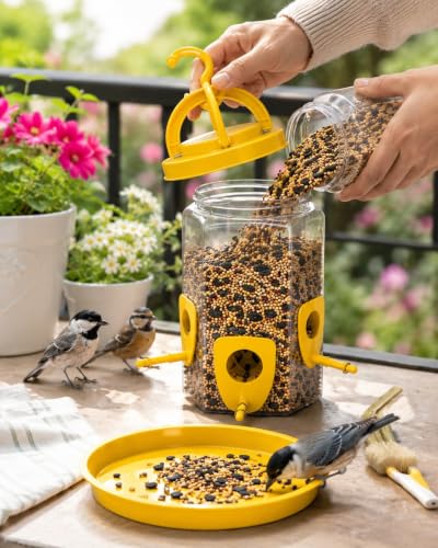 Image of Hanging Bird Feeder for Garden & Balcony, 1 Litre Weatherproof Bird Food Dispenser with 4 Feeding Ports, 360 Perch Feeding Station for Outdoor & Indoor Use (Yellow) Pack of 2