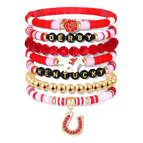 NVENF Derby Bracelets for Women Heishi Clay Beaded Stretch Bracelets Horseshoe Charm Bracelet Stackable Horse Race Day Bracelet Derby Accessories Jewelry Gifts (Derby 2)