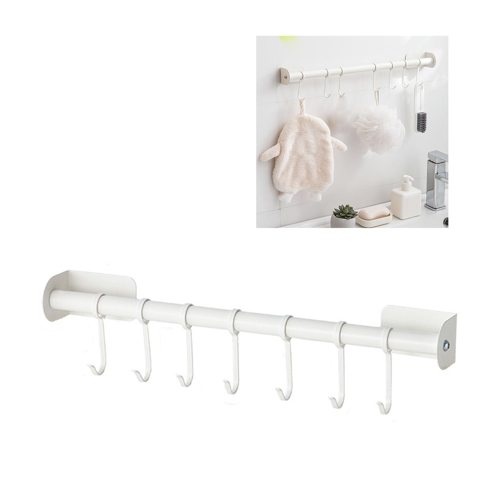 SIXRUN Estante para Utensilios de Cocina, Riel de Cocina con Ganchos Deslizantes, Barra para Colgar Utensilios, Estante para Utensilios de Riel sin Perforaciones Montado en la Pared