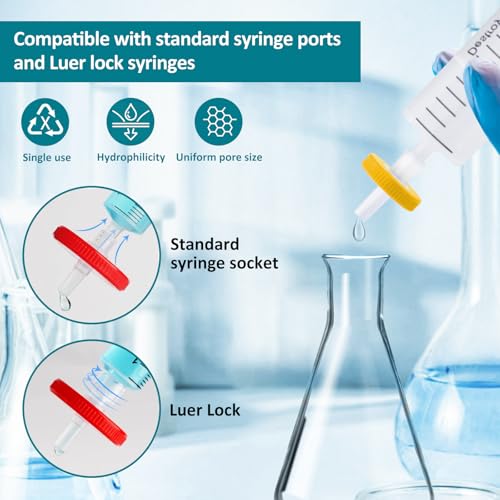 Image of 100 PCS Syringe Filter PES Membrane Filters, 13mm Diameter 0.22m Pore Size, Hydrophilic Syringe Lab Filters, Non Sterile, Yellow