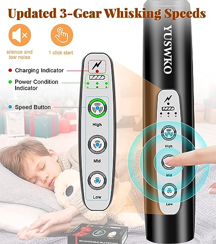 Image of YUSWKO Milk Frother Handheld for Coffee, Rechargeable Drink Mixer with 3 Heads 3 Speeds Electric Coffee Frother Whisk, Gift for Many Occasions and Festival