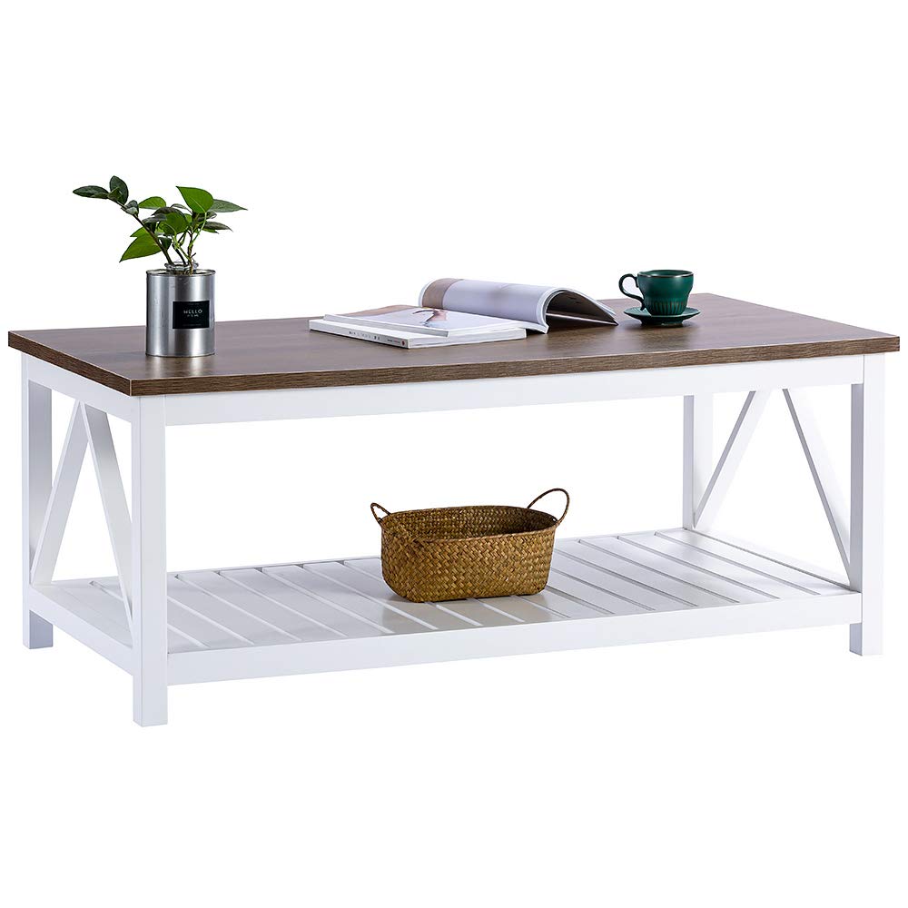 ChooChoo Farmhouse Coffee Table with Wood Top for Living Room, Rectangular White Table with Shelf, 47 inches