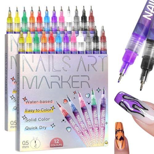 Lot de 2 stylos de 12 couleurs pour nail art 3D, outils de nail art pour graffiti, pointillés, peinture, bricolage