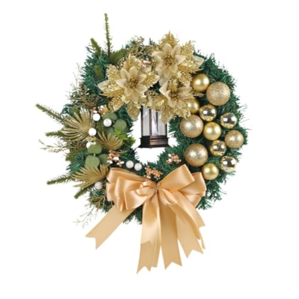 EIVCIVB Christmas Wreath Front Door&Indoor, Xmas with Wreath Gold Flowers, Pine Cone, Hanging Golden Ornaments Winter Holiday Wall (Gold)